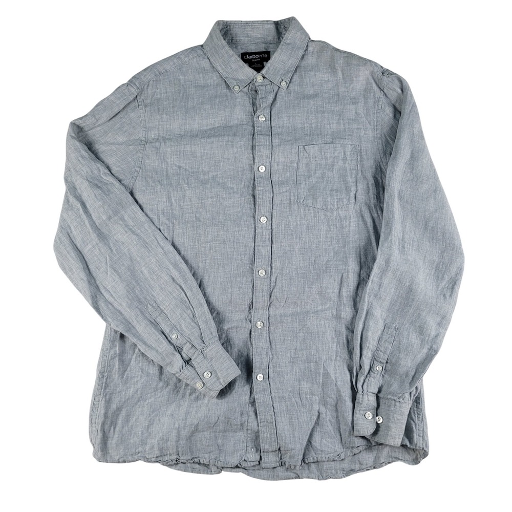 Claiborne Button Down Shirt Mens L Blue 100% Linen Chambray Slim Fit Long Sleeve